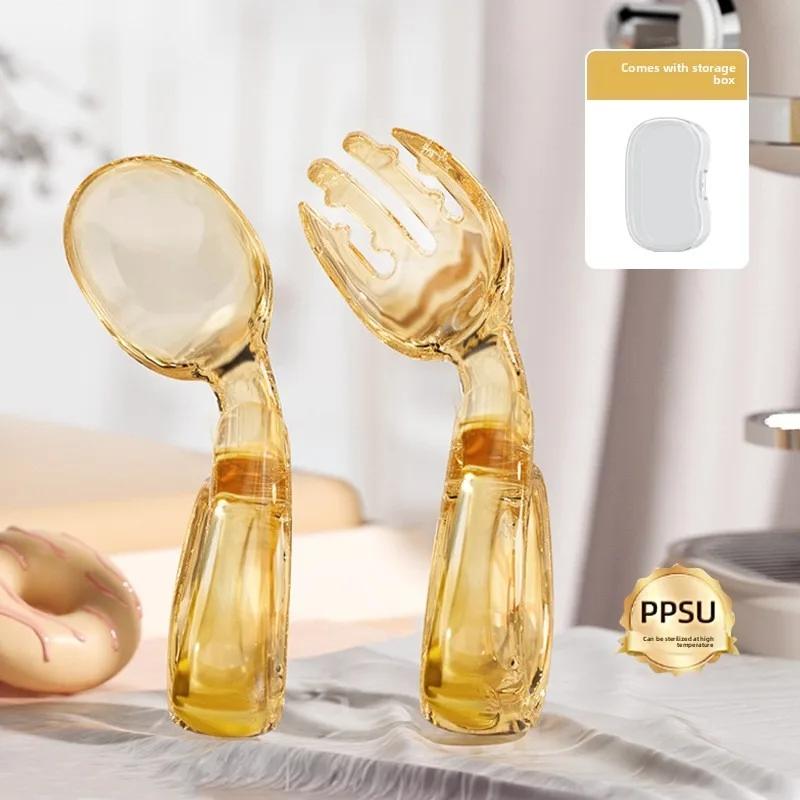 

Bend Short Handle Baby Spoon and Fork Set Circular Curved Design for Complementary Food Self Feeding Training