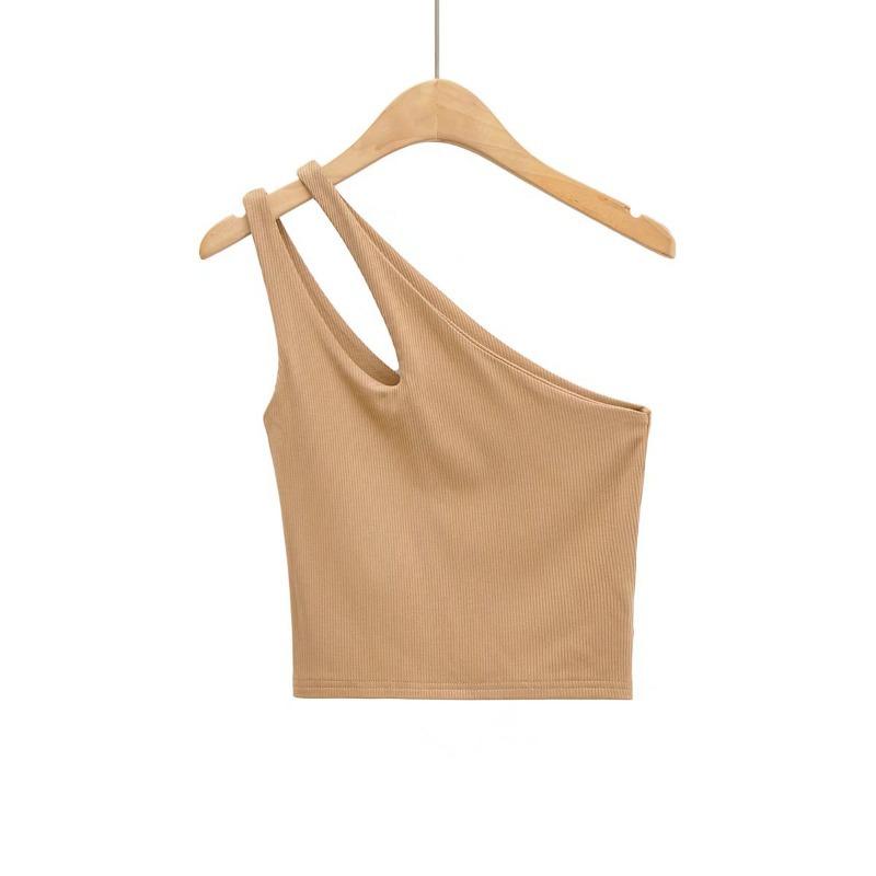 

Сексуальный женский укороченный топ, однотонный эластичный вязаный топ без рукавов на одно плечо, базовая майка с открытой спиной M хаки