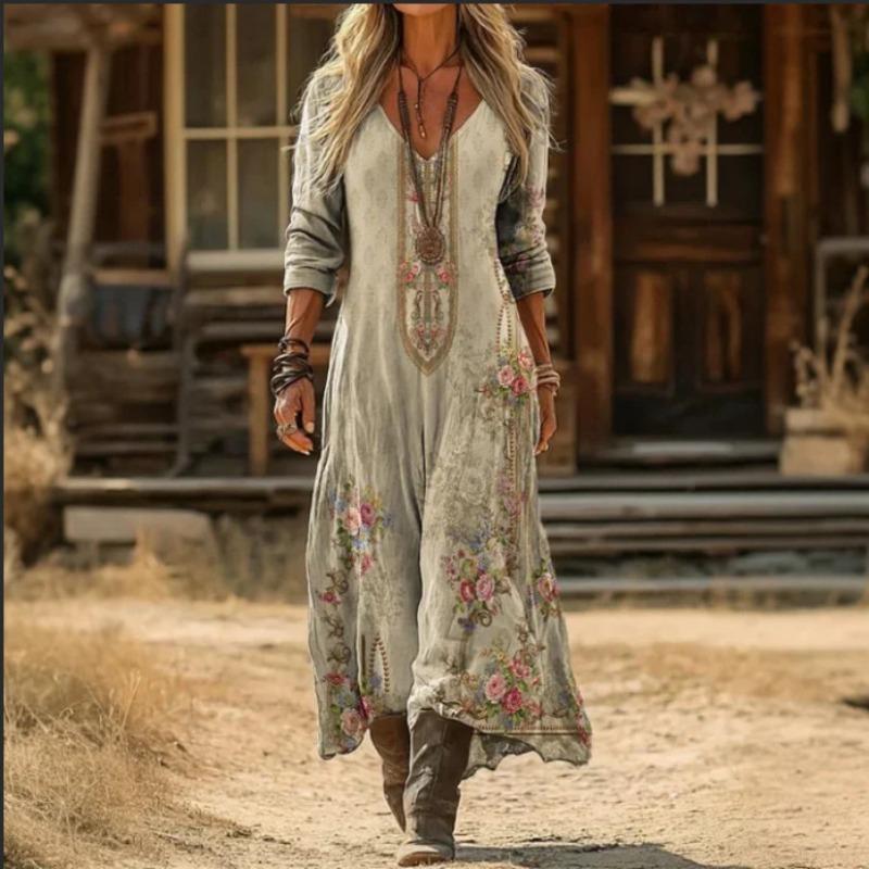 Creative Tie-dye Printing Women's New V-neck Long-sleeved Dress Medium and Long Dress