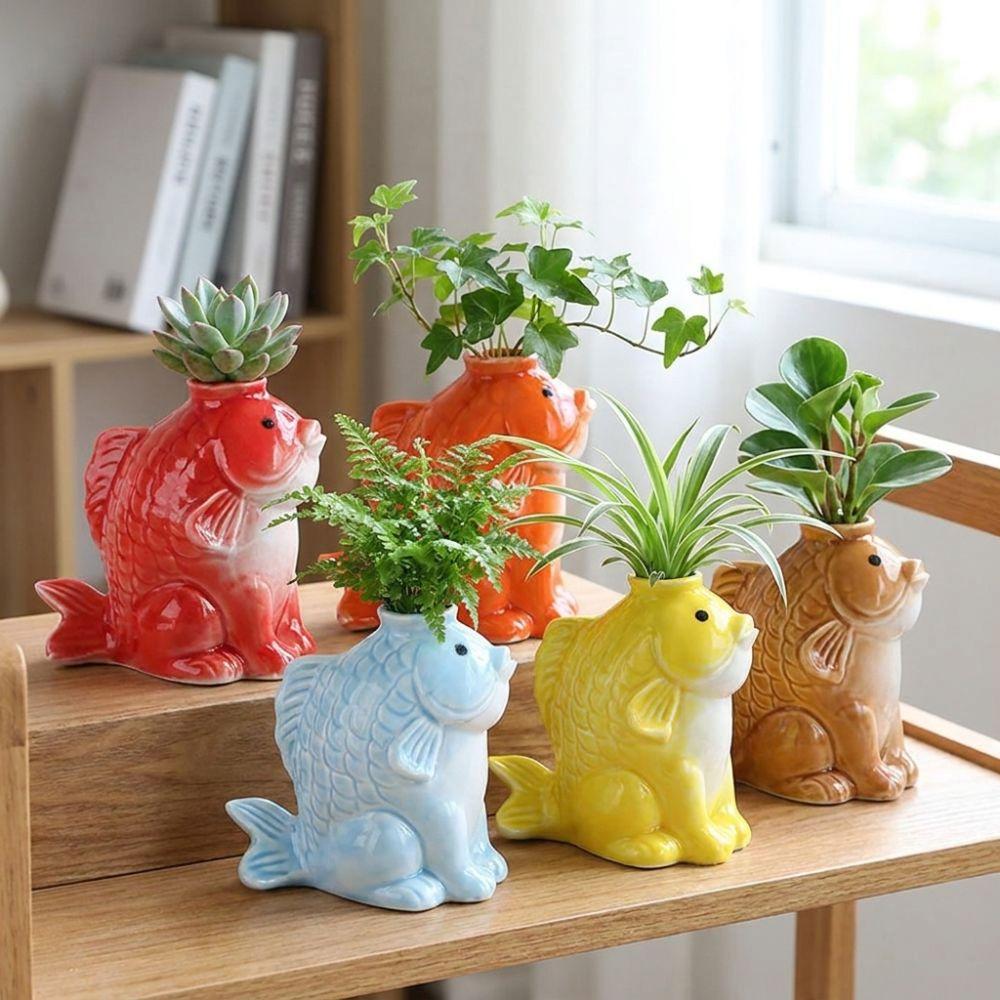 Fish-shaped Ceramic Succulent Planter Artistic Unique Decorative Flower Vase Handcrafted Simulated Air Plant Holder Office