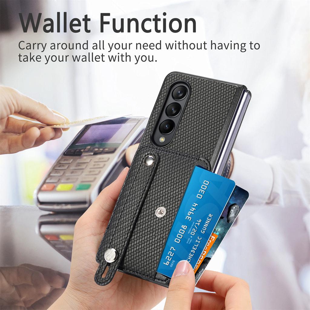Card Slot Phone Cover for Samsung Galaxy Z Fold5 5G,PU Leather+PC Wristband Kickstand Cell Phone Case