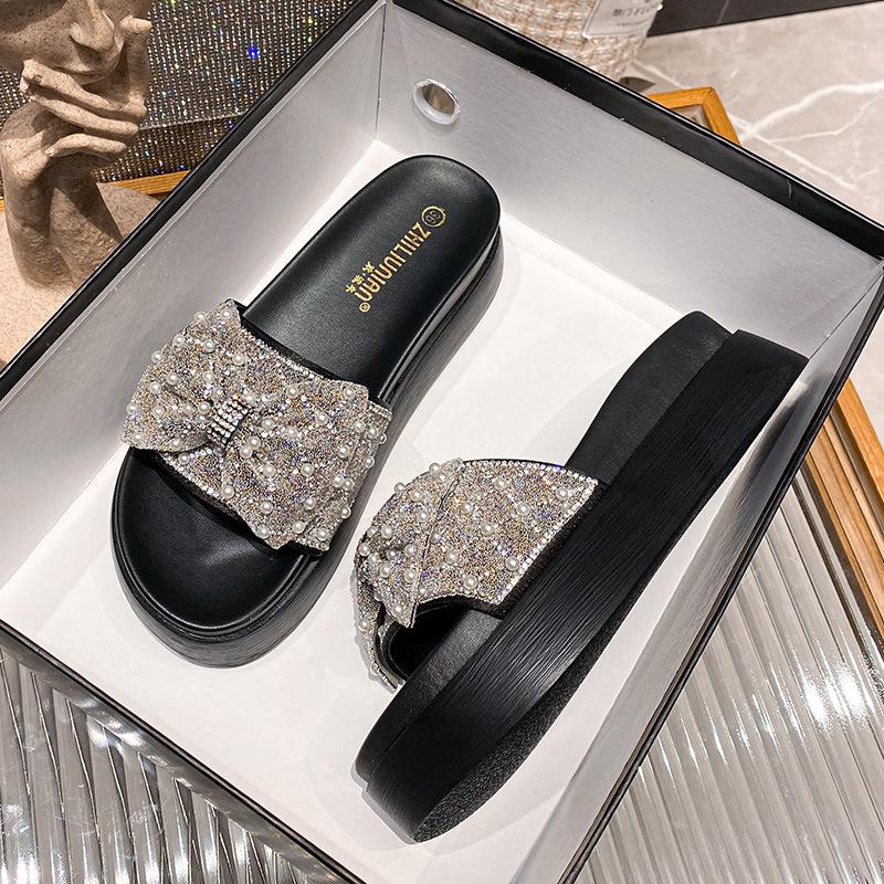

Женские тапочки с жемчужинами и бусинами на платформе, бант, стразы, шлепанцы на толстой подошве, высокие каблуки, женские сандалии, большой размер 43 4.5 чёрный