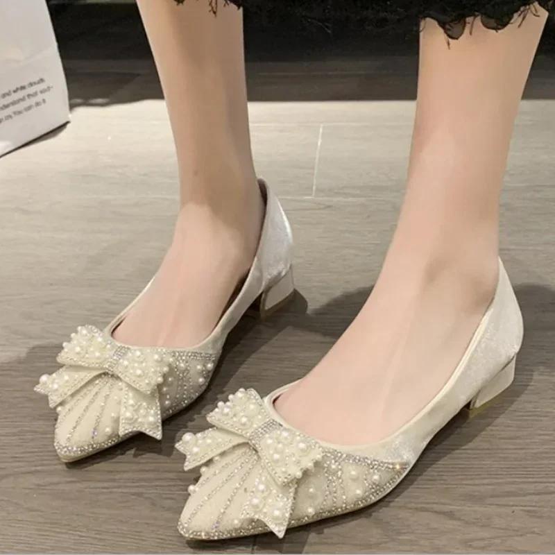 Fashion Women High Heels Gentle Wedding Pumps Female Sweet Pearl Sequin Butterfly Knots High Heels Lady Elegant Pointed Toe Shoes