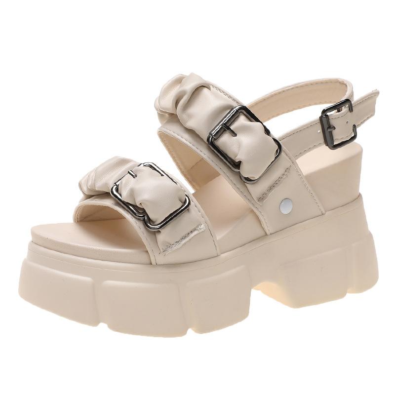 

Internet celebrity pleated belt buckle slope heel cool slippers women 2025 summer new Korean version thick-soled muffin open-toed high heels women 39 бежевый