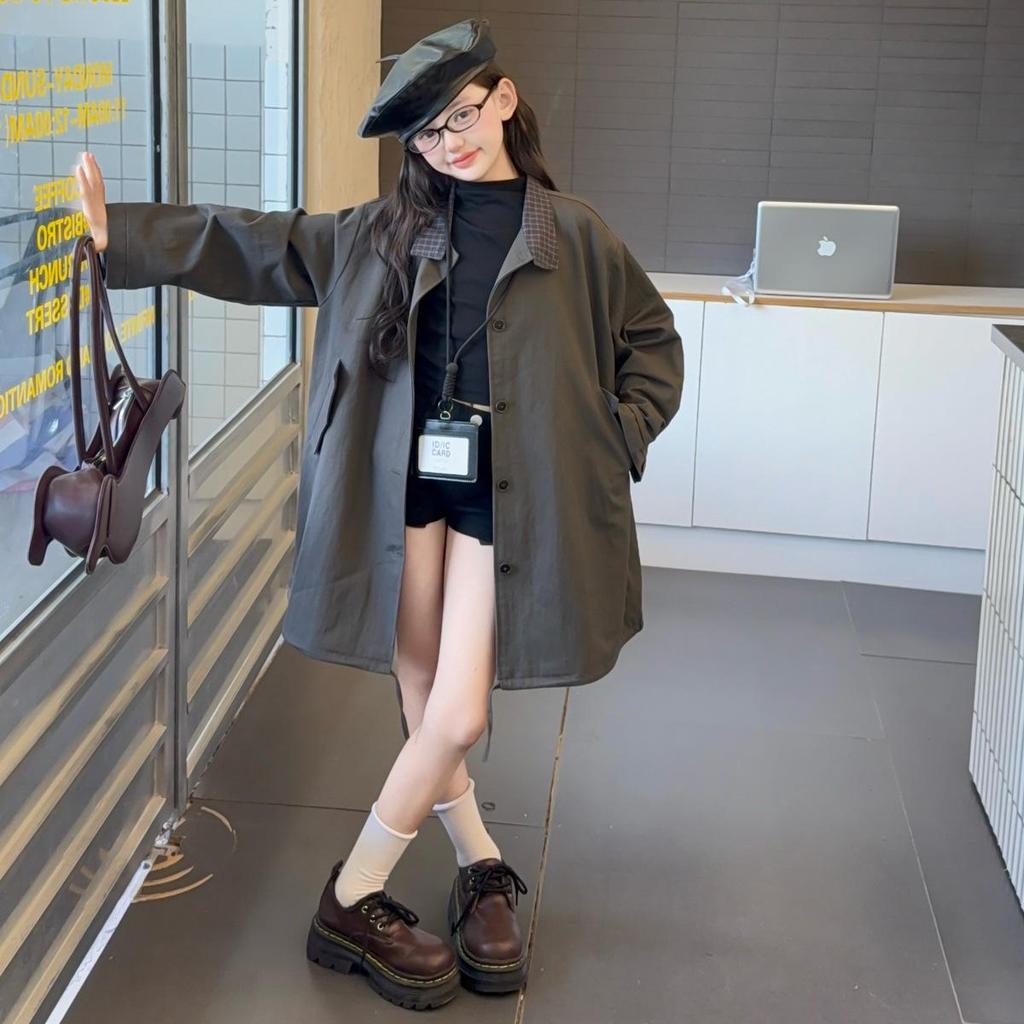 Mädchen Midilanger Trenchcoat: 2025 Frühling/Herbst Koreanischer Stil für Kinder - Lockerer, lässiger Schnitt