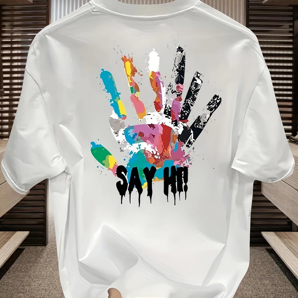 Men's Summer 100 Cotton Fashionable Casual Sports Loose Large Size Color Handprint Round Neck Short Sleeve T-shirt Top