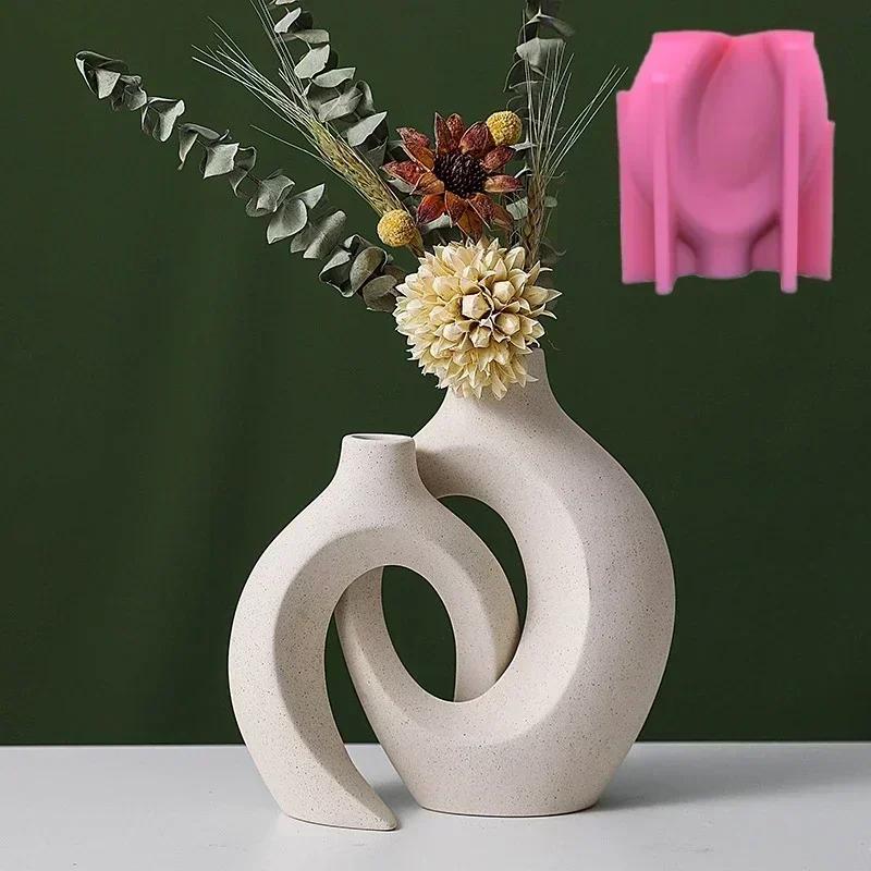 Nordic Striped Donut Cylindrical Vase Epoxy Resin Silicone Mold Circular Ring Donut Vase Concrete Cement Gypsum Silicone Mold