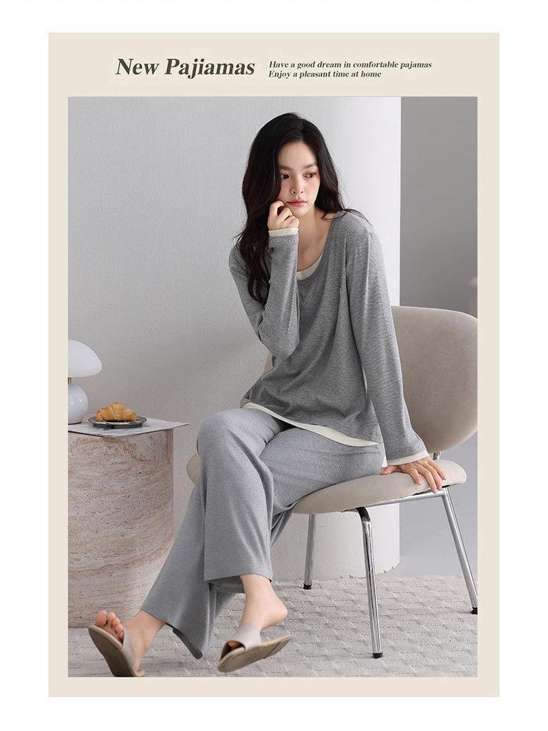 Women's Fall Pajama Set: Long Sleeve & Long Pants with Breast Pads, Modal Fabric, Wear Indoors or Outdoors