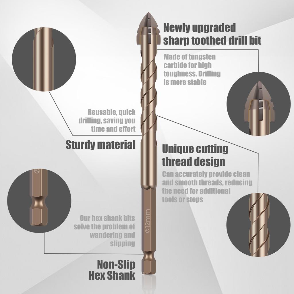 10Pcs 4 Flute Sawtooth Eccentric Drill Bit Alloy 4 Edged Serrated Eccentric Drill Bit Dry Drill Marble Drill Bit Multi Size Tile