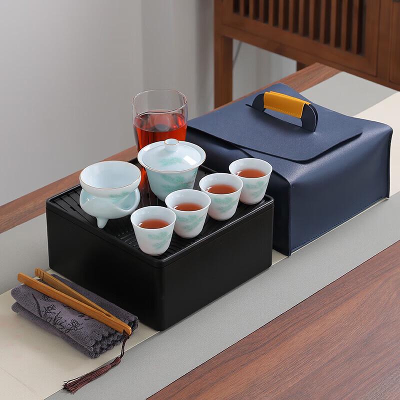 Cyan-white Porcelain Portable Tea Set