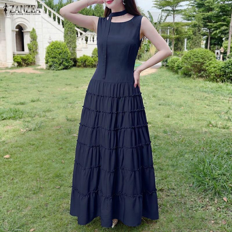 ZANZEA Damen Freizeit Rundhals Sommer Ärmellos Elegant Langes Kleid