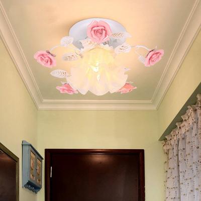 Pastoral Ceiling Lights Rose Wrought Iron Flower Lamp Porch Aisle Mount Ceiling Lamps Kitchen Home Lighting