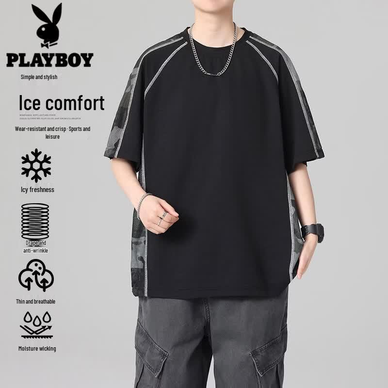 PLAYBOY Men s American Style Exposed Stitch Contrast Short Sleeve T-Shirt XL