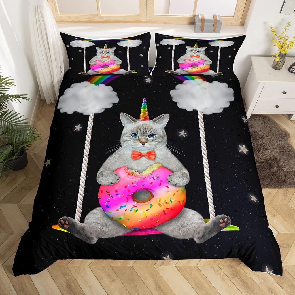 St. Patrick's Day Duvet Cover Cute Cats Rainbow Bedding Set Retro Lucky Clover Polyester Quilt Cover Cute Animal Comforter Cover