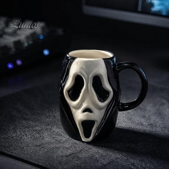 Interesting Niche Holiday Present Horror Face Ceramic Coffee Mug, Unique Mask Water Funny Daily Cup Cup, 385ml Capacity, Decorative Drinkware