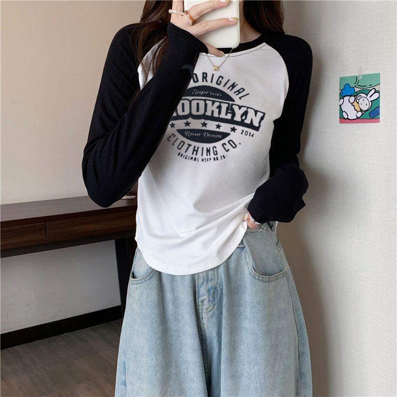 Women's Color Block Raglan Long Sleeve T-Shirt - 2024 Spring/Autumn Slim Fit Spliced Base Top