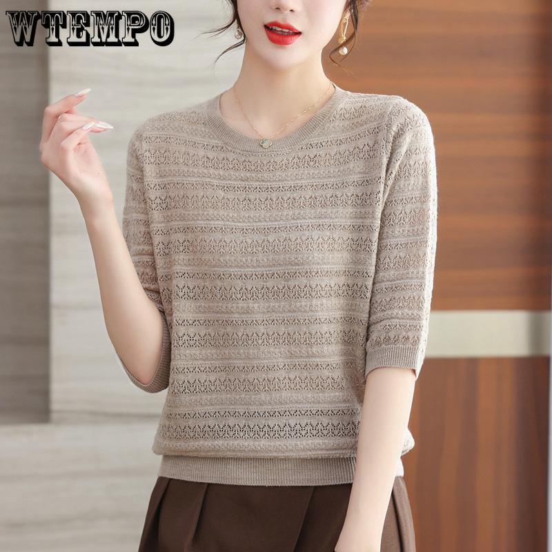 Summer Casual Hollow T-shirt Spring and Summer Mid Sleeve Knitted Sweater for Women