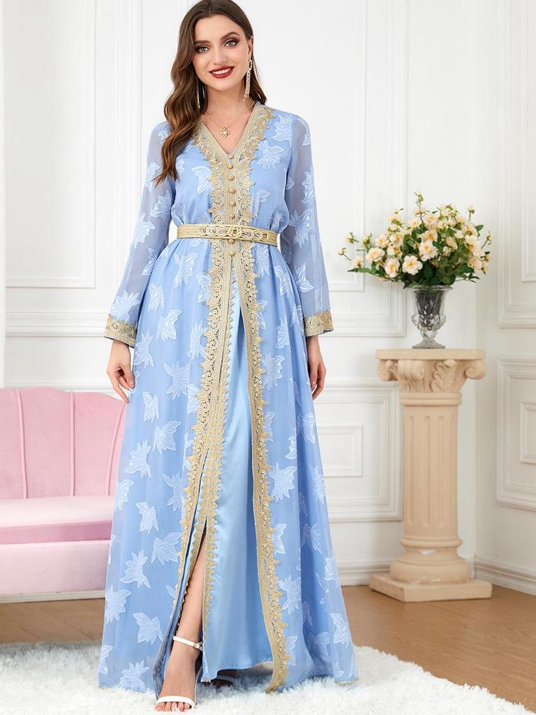 Women's V-neck Long Sleeve Middle Eastern Abaya Two-Piece Set Dress