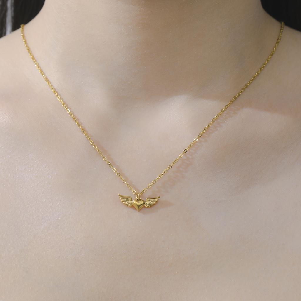 Teamer Heart Wing Pendant Necklaces Stainless Steel Gold Color Sweet Minimalist Chain Choker Fashion Jewelry Gift Wholesale