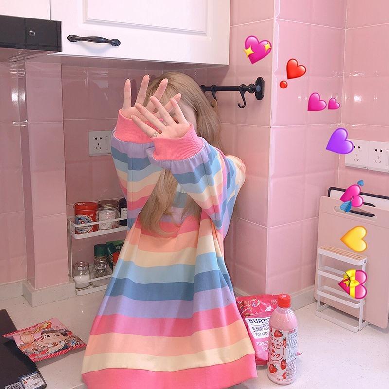 Kawaii Harajuku Women Rainbow Patchwork Hoodie Loose Sweatshirt Top Clothes Casual Hoodies