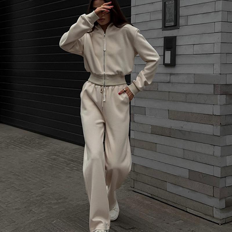 European and American New Fashion Women's Suit Solid Color Long-sleeved Zipper Hoodie Casual Lace-up Sports Trousers