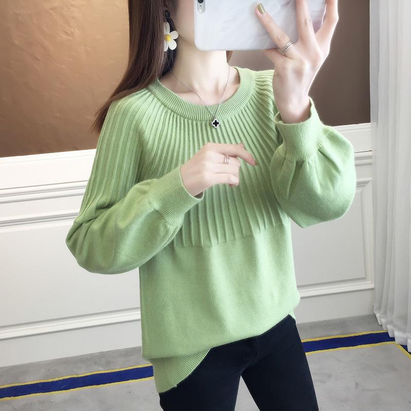 

GMXIA Весна и осень О-образный вырез пуловер модный свитер женский свободный короткий фонарь рукав трикотажная основа рубашка носить One size