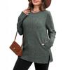 Women Long Sleeve Knit Tops Casual Solid Color Striped Blouse with Side Pocket