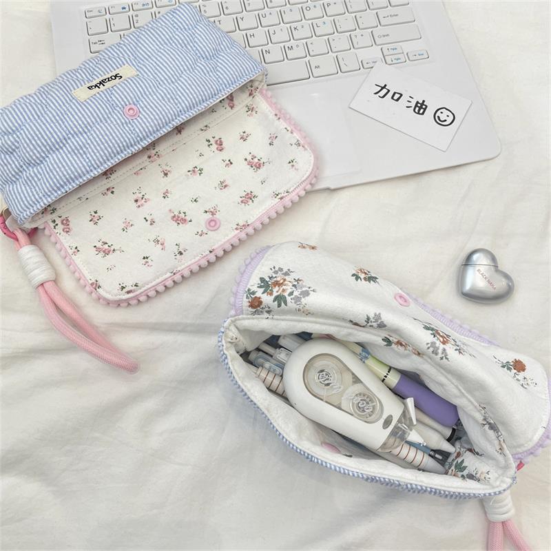Sweet Floral Pencil Case With Lanyard Handbag Girly Cosmetic Bag Large Capacity Portable Storage Bag Student Stationery Bag Gift