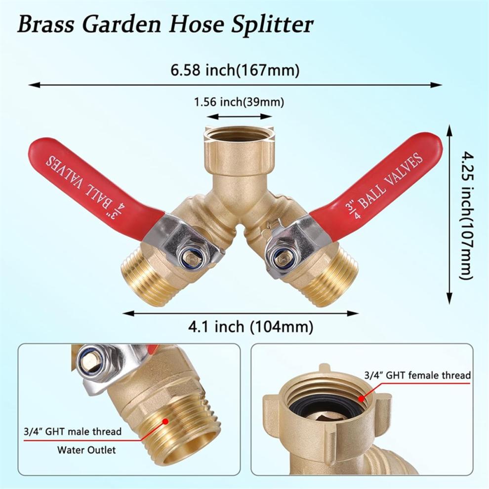 Garden Hose Splitter Full Flow,Brass 2 Way Heavy Duty,Garden Y Valve 3/4in GHT Threads