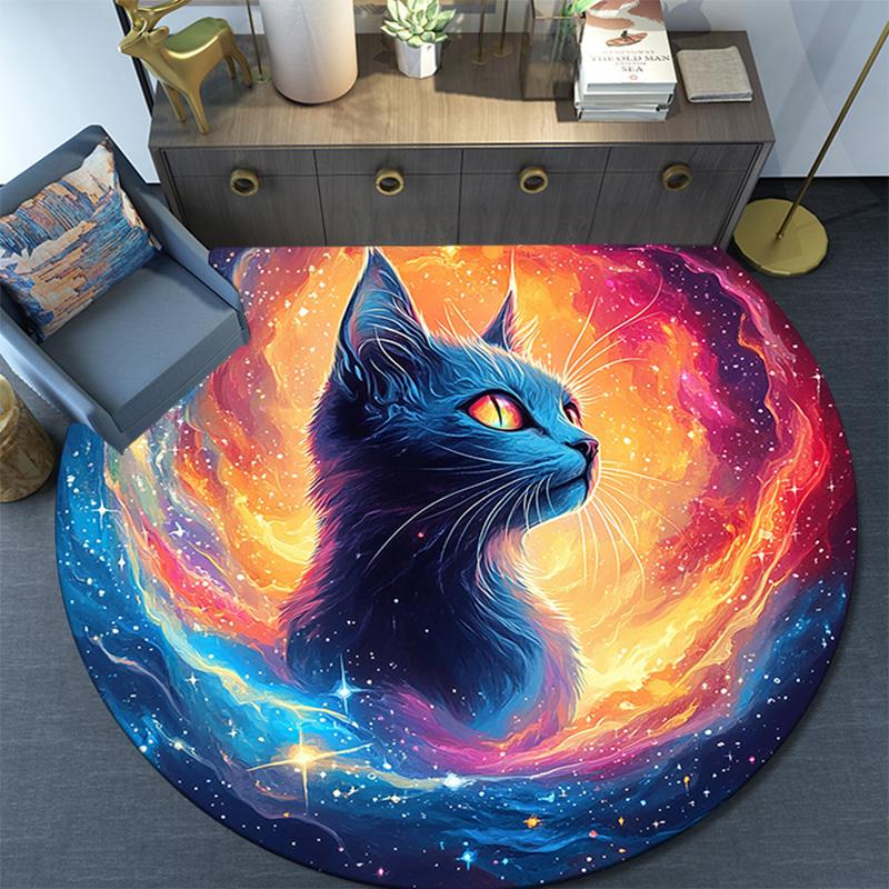 Cosmic Cat Round Area Rug,Carpet Rug for Living Room Bedroom Sofa Playroom Decor,Non-slip Floor Mat