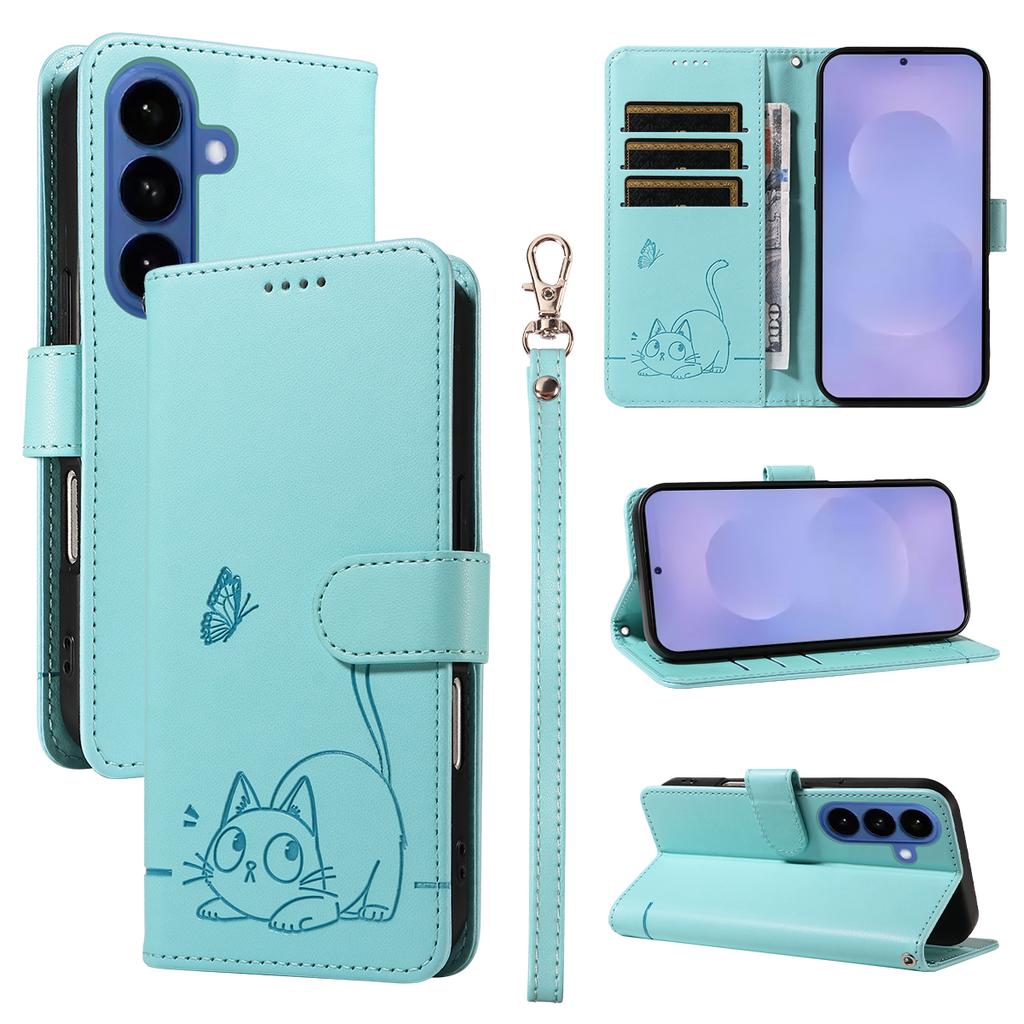 Magnetic Card Solt Wallet Leather Embossed Little Cat Phone Case For Samsung S26 Ultra S25 Plus A16 A57 A17 A07 Bag Pocket Cover