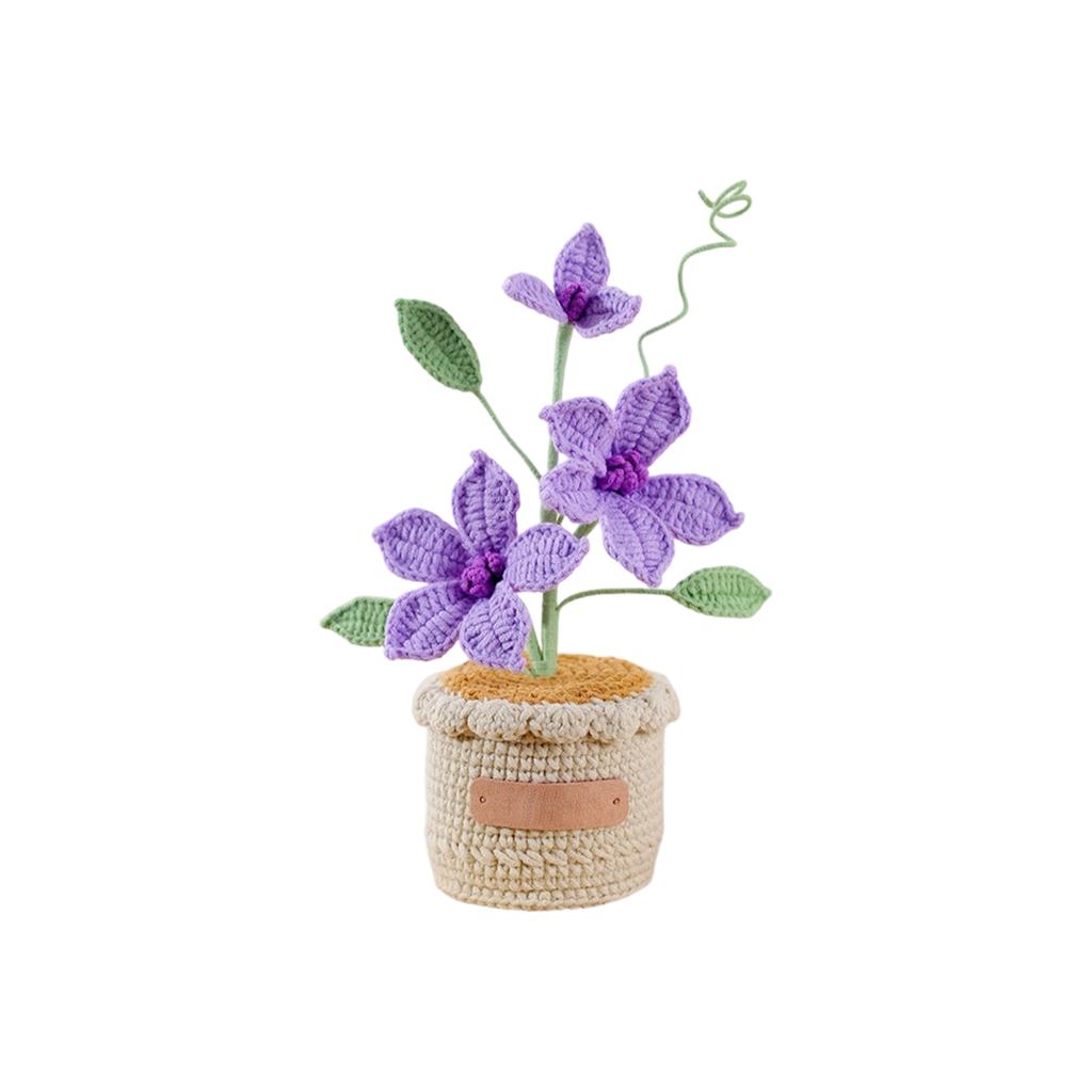 Handmade Crocheted Clematis Potted Plant – Exquisite Knitted Artificial Flower For Home Decor & Thoughtful Gift