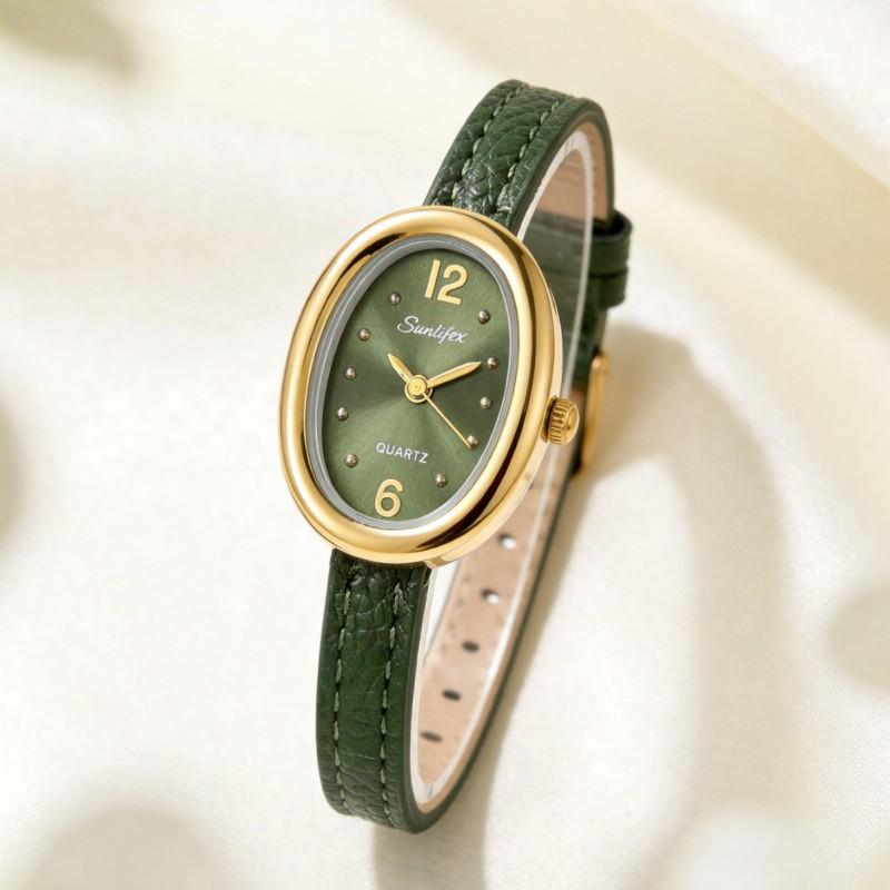 Sunlifex Fashion Oval Quartz Watch Women Leather Strap Ankora Red Luxury Minimalist Style