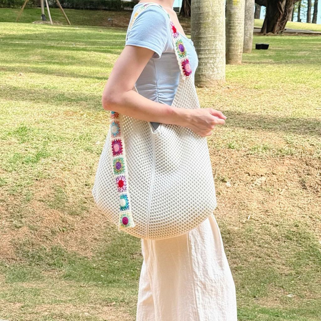 Mesh Beach Bag Knit Summer Hobo Bag Vacation Boho Tote Bag for Women Crochet Tote Bag