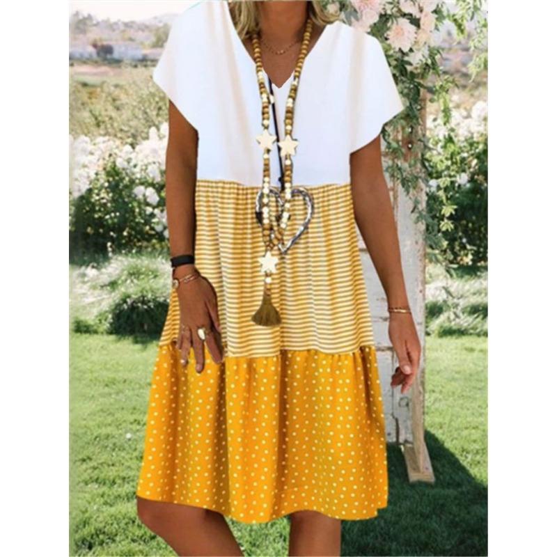 

Повседневное модное платье с принтом и V-образным вырезом, с короткими рукавами, летнее, свободное, элегантное, больших размеров, А-силуэта, для вечеринок, женская уличная одежда, базовая женская одежда 5XL жёлтый