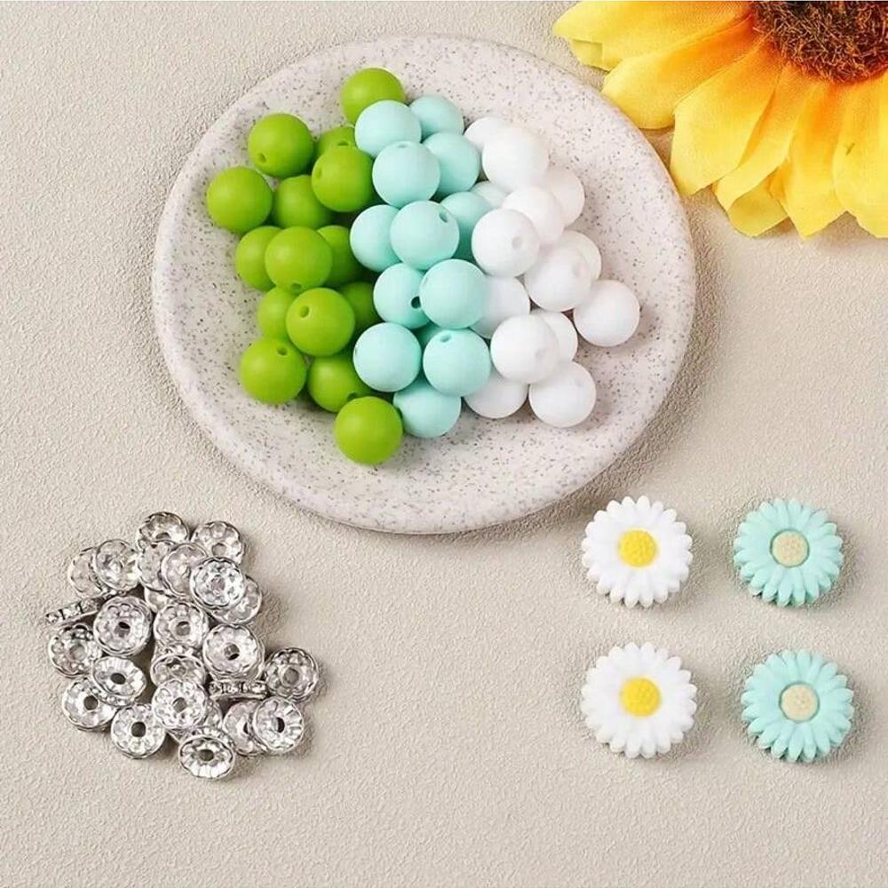 73/79PCS daisy silicone beads, 12/14/15mm round printed silicone beads in bulk, DIY keychain bracelet jewelry making