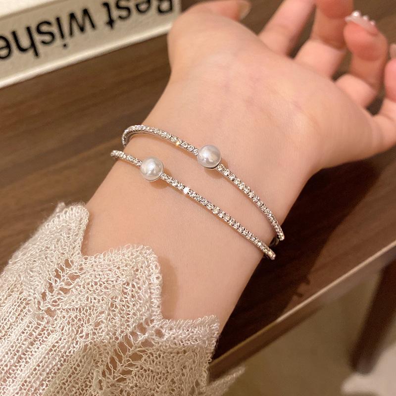 

Zircon Pearl Double Layer Open Bracelet Girlfriend Gift Bracelet Jewelry