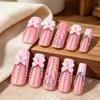 24Pcs Long French Tip Press on Nails, 3D Pink Bow Rhinestone Stick-on Nails for Women, Removable Full Cover Glue on Fake Nails