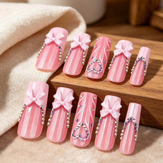 24Pcs Long French Tip Press on Nails, 3D Pink Bow Rhinestone Stick-on Nails for Women, Removable Full Cover Glue on Fake Nails