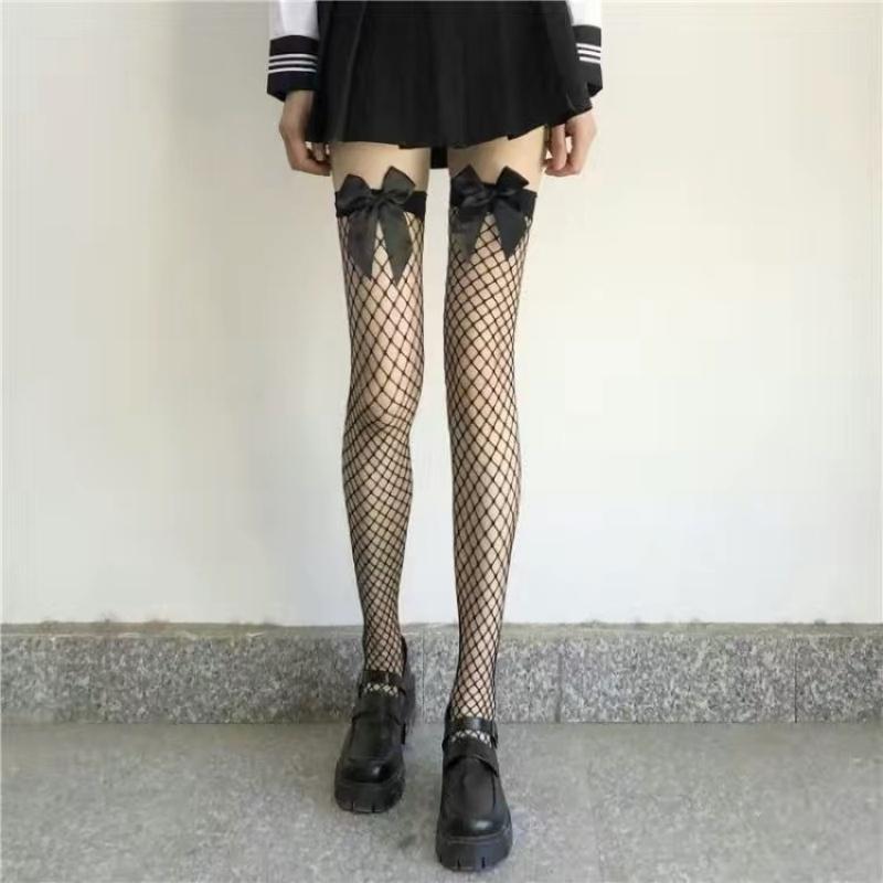 White Puresire Fishnet Stockings Pink Bow Tie Contrasting Color Women's Knee High sexy hollow out seductive large mesh Stocking#