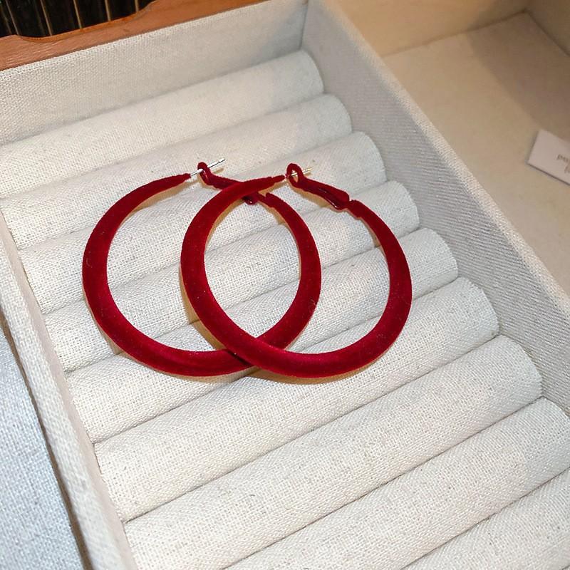 Retro Hong Kong Style Red Flocking Geometric Round Earrings Earrings Fashion Personality Temperament Earrings Women