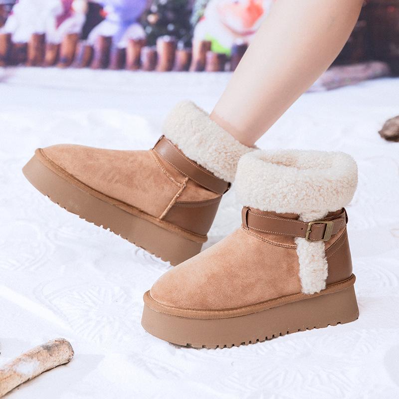 2025 winter new short tube flip mouth belt buckle snow boots thick-soled Northeast knight boots warm and fashionable versatile