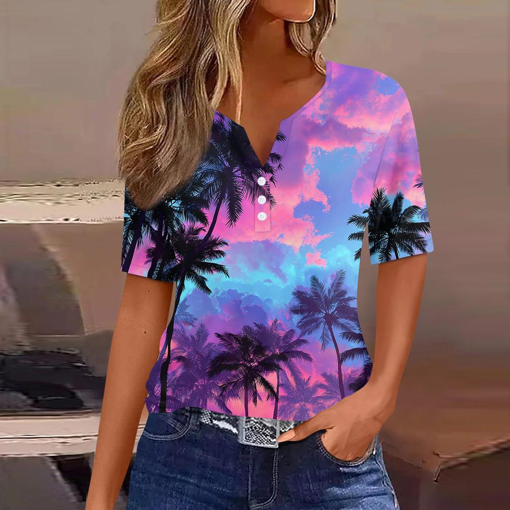 Women's fashionable casual Hawaiian print V-neck short-sleeved button-down T-shirt top