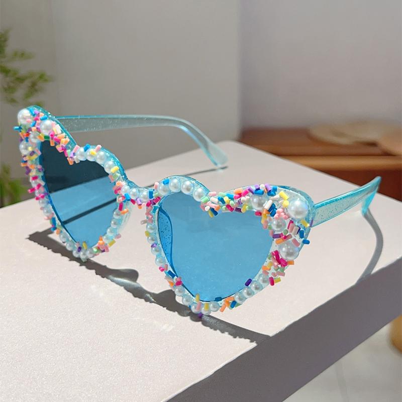 Heart Shape Sunglasses with Pearls and Jimmies Fashion Cute Gradient Multi-color Decor Shades Trendy Original Sun Glasses