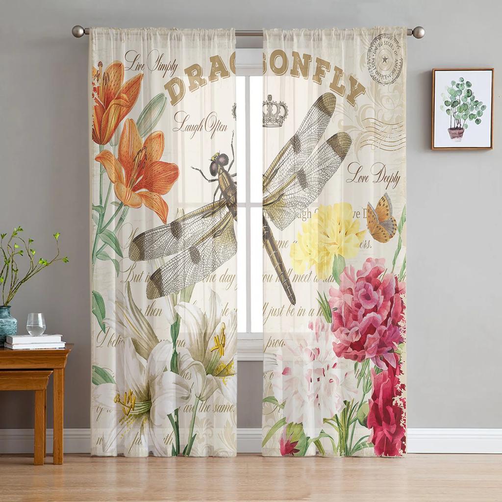 Parrot Bird Rose Flower Retro Sheer Curtains for Living Room Decoration Window Curtain Kitchen Tulle Voile Organza Drapes