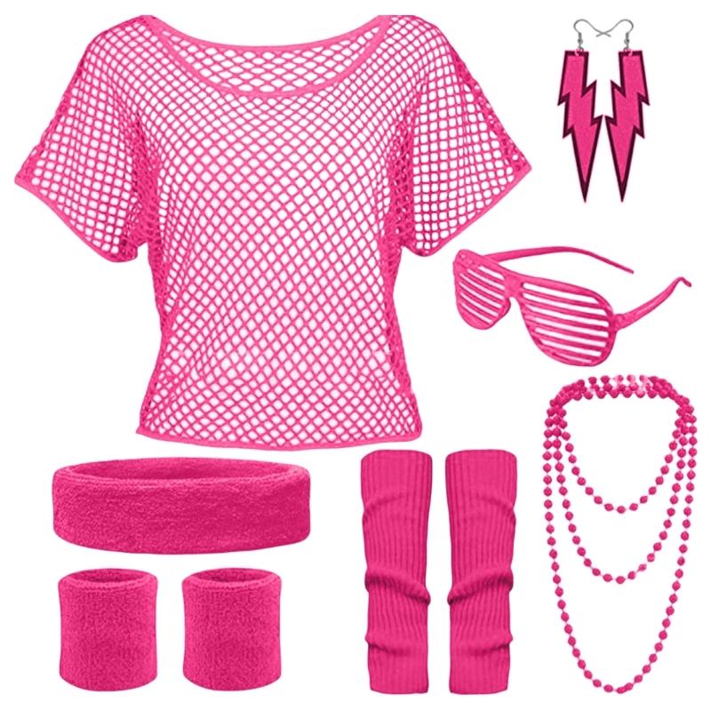 80er Jahre Kostümzubehör Stirnband Ohrring Netzshirt Halskette Armband für 80er Jahre Retro Party Dekorationen