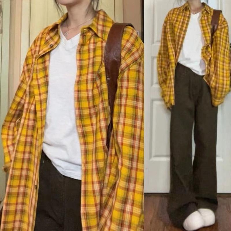 

Women s Yellow & Brown Plaid Oversized Long-Sleeve Button Patchwork Front Shirt S жовтий