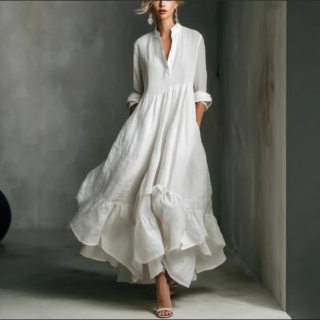 Women's Long Sleeve Loose Fit Maxi Dress Solid Color Round Neck Button Front Casual Full Length Dress with Flared Hem