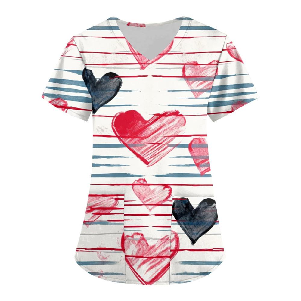 Nurse Uniform Love Heart Print Pocket V-Neck Nursing Scrubs Tops Workwear Women's T-shirts