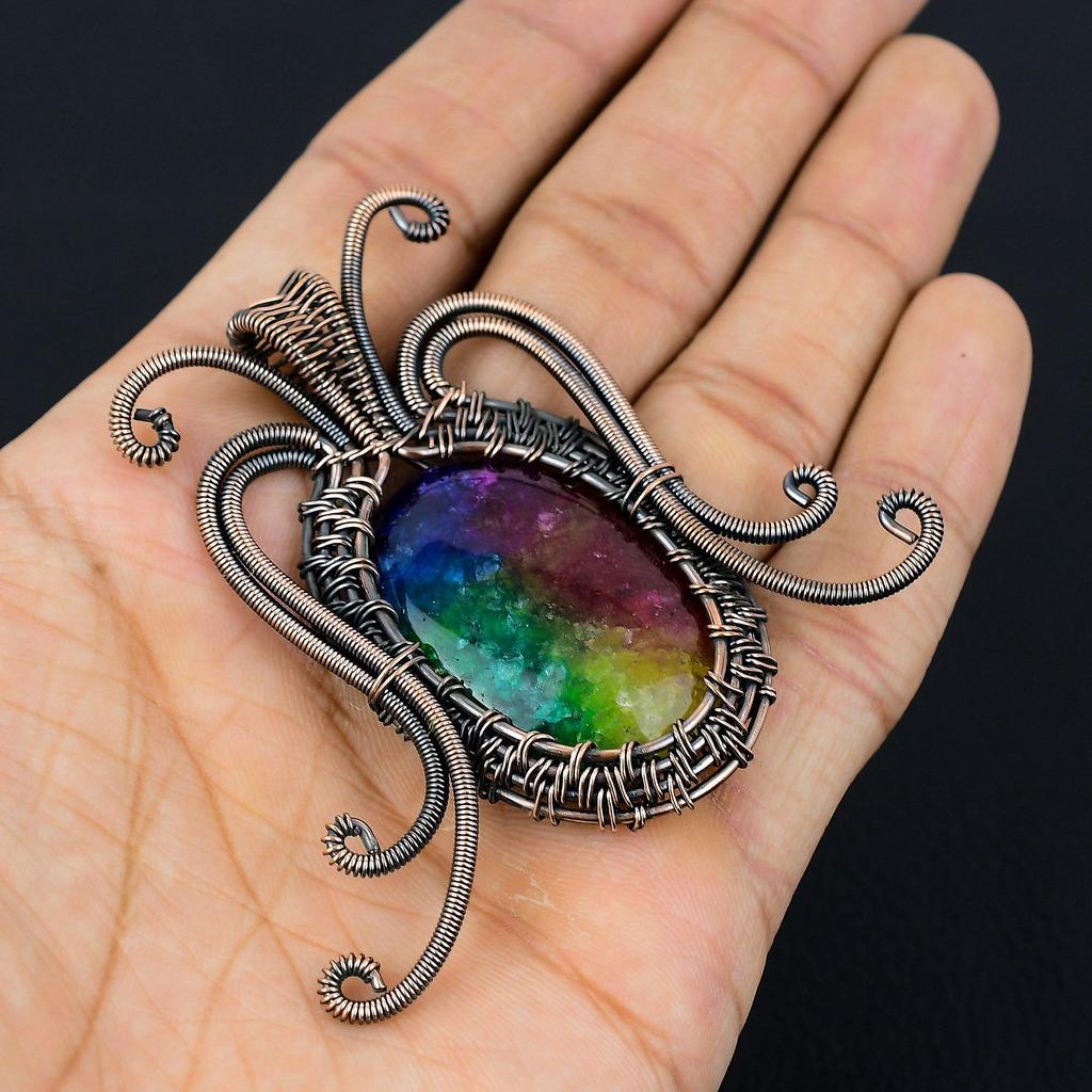 Butterfly Shaped Rainbow Solar Quartz Gemstone Pure Copper Wire Wrapped Handmade Pendant Jewelry For Her
